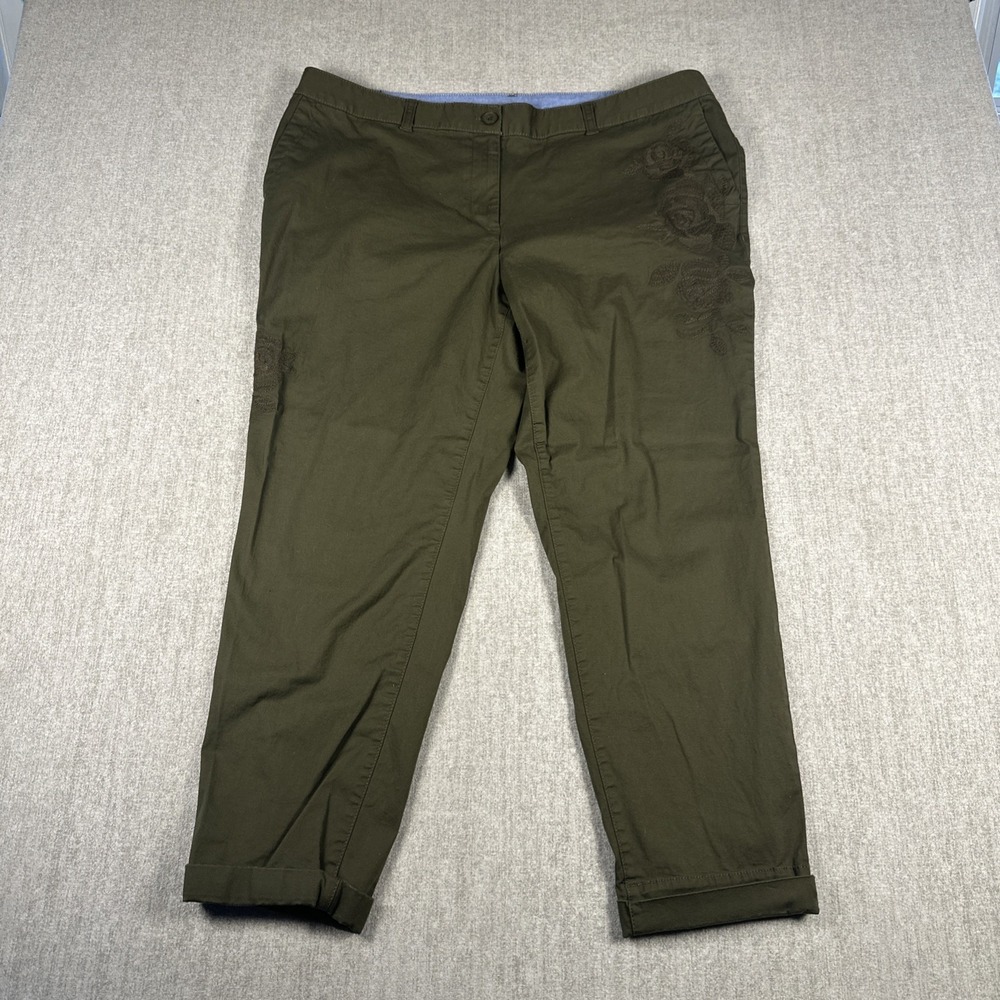 Talbots‎ Pants Womens Size 16W The Weekend Chino Olive Green Floral Embroidery